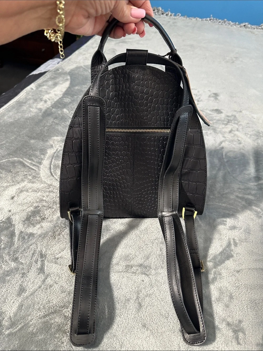 NWTS Vélez  Leather Black Croc-Embossed Mini Backpack